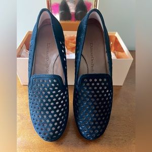 Black Kid Suede Slip-on hexagonal Perforated Wedge Shoes by L’AmourDesPieds.